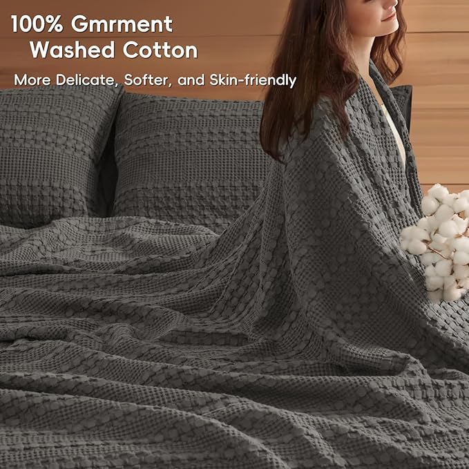 PHF 100% Cotton Waffle Blanket Oversized King 120"x120", Lightweight Breathable Extra Large 10'x10' Summer Blankets for Bed, Giant Big Luxury Aesthetic Woven Bedding for Home Decor, Charcoal Grey