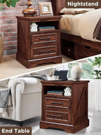 ACCOHOHO 18" Farmhouse Nightstand Set of 2 with Charging Station,End Table with 2 Drawers Storage,Side Table,Bedside Cabinet for Bedroom,Living Room, Brown
