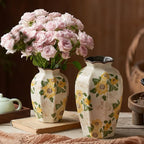 Levvohd Vintage Pastoral Octagonal Vase, 9.3 Inch Ceramic Sunflower Flower Vases, Rustic Farmhouse Antique Chinoiserie Floral Vase for Wall Art Bedroom and Shelf Home Decor (Octagonal)