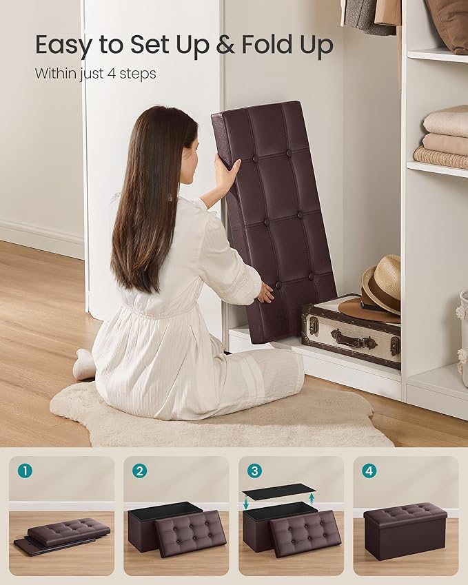 SONGMICS MAZIE Collection - 30 Inches Folding Storage Ottoman Bench, Ottoman with Storage, Foot Rest Stool, Load 660 lb, for Living Room, Synthetic Leather, Brown ULSF40Z