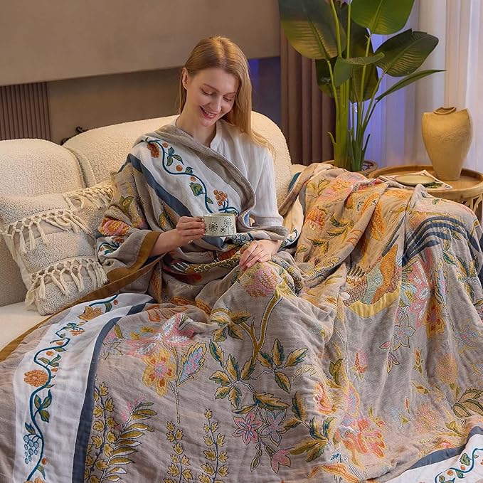 Boho Blanket, 100% Cotton Farmhouse Decorative Throw Blanket, 90"x98" Reversible Bohemian Throw Blanket, Brown All Season Muslin Breathable Woven Blankets Quilt