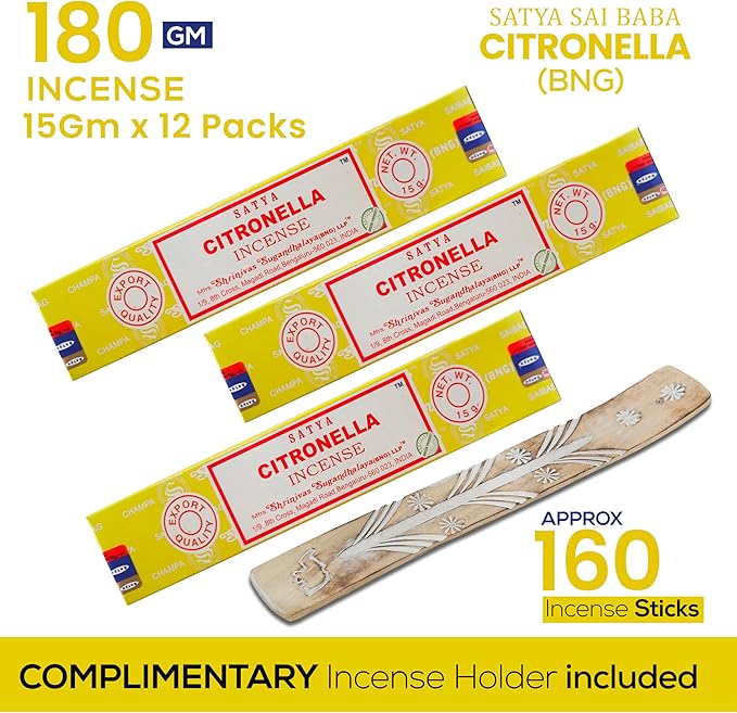 Satya Citronella Incense Sticks, Satya Bng Insenses 15gmx12 Pack with Raajsee Incense Holder Bundle, Satya Nagchampa Natural Incense