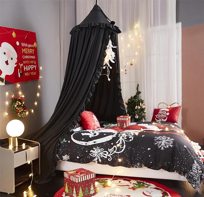 VETHIN Bed Canopy for Girls,Princess Round Dome Dreamy Mosquito Net Bedding Girls Room Castle Play Tent Hanging House Decor Reading Nook Canopies (Black)
