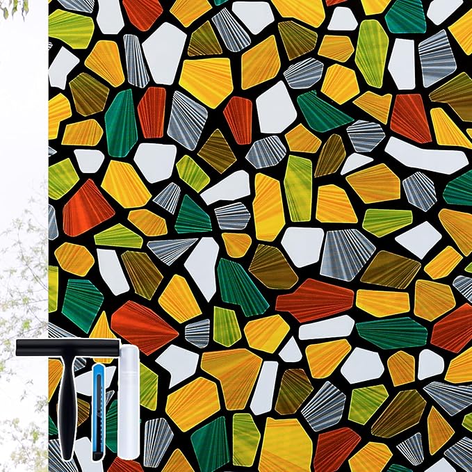 Volcanics Decorative Stained Glass Window Privacy Film with Installation Tools– Static Cling Privacy Sticker for Home & Church, Non-Adhesive, Anti-UV & Heat Blocking, 17.5 x 78.7 Inches