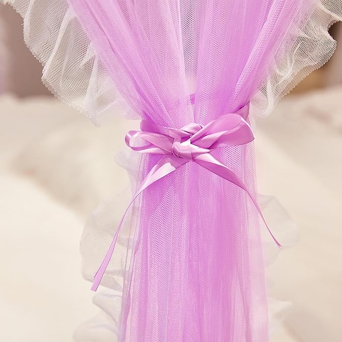 4 Corners Post Princess Curtains Bed Canopy for Girls 8 Panels Curtain- Double Layer Sheer Mesh Canopies Drapes Girls Room Decor (8P-Purple/White, 4P(33"x82") W+4P(43"x82") L/(Queen))