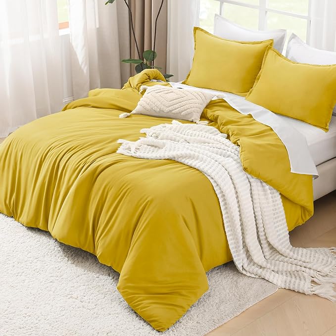 Litanika Mustard Yellow Comforter Set Queen Size, 3 Pieces Lightweight Solid Bedding Comforter Set, All Season Fluffy Bed Set (90x90In Comforter & 2 Pillowcases)