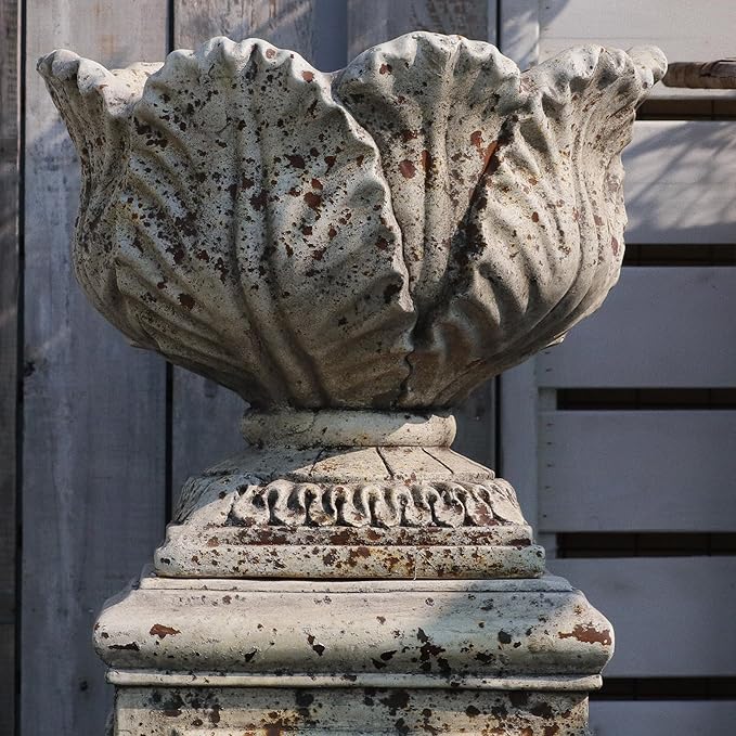 Vintage Garden Urn Planter with Pedestal, Cement and Fiber, Maked Antique, Decorative Leaf Pattern, 14.2x11.8 Inch Pot with 19.3 Inch Stand, Wrap Foam Safely Delivered from Local Warehouse (Antique)