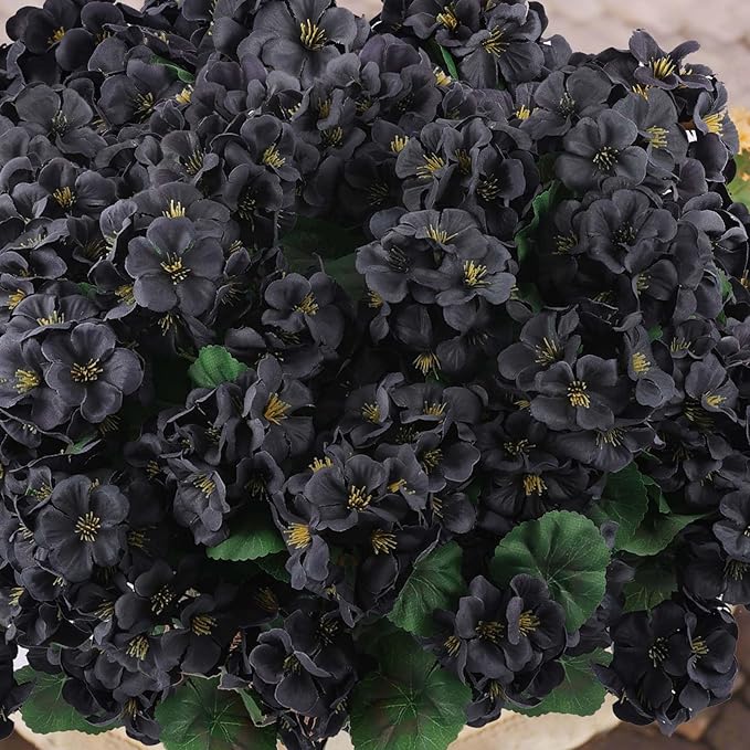 Hananona 6 Pcs Artificial Geranium Flowers for Outdoors Geranium Silk Flowers Outdoor UV Resistant Garden Plants Faux Black Flower for Home Kitchen Halloween Table Centerpieces Decor (6, Black)