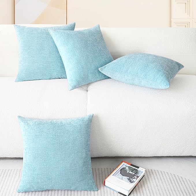 CaliTime Throw Pillow Covers Decorative 18 X 18 Inches Pack of 4 Cozy Chenille Cushion Cases for Couch Sofa Bed Living Room Home Light Blue Grey