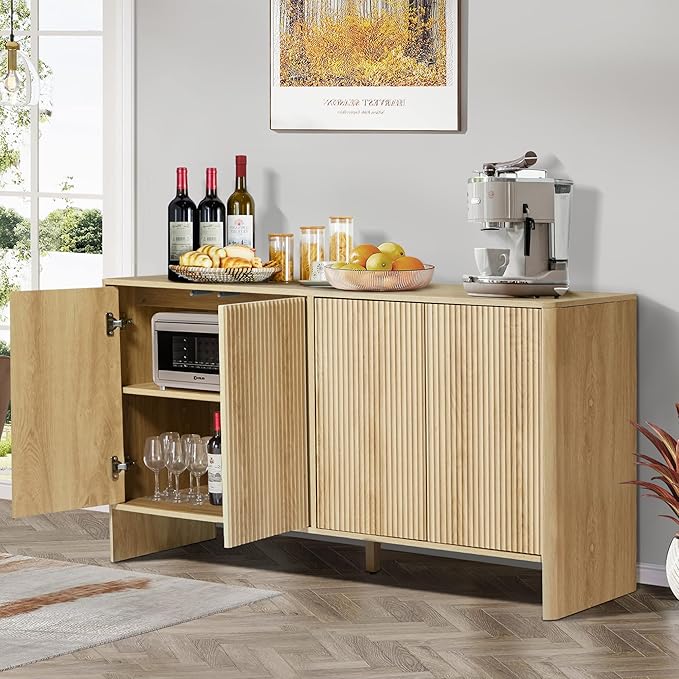 Sideboard Buffets Cabinet, Modern Accent Storage Cabinet with 4 Fluted Doors and Adjustable Shelves, Wood Credenza Buffet Sideboards, Console Table for Kitchen Dining Living Room Entryway (Natural)