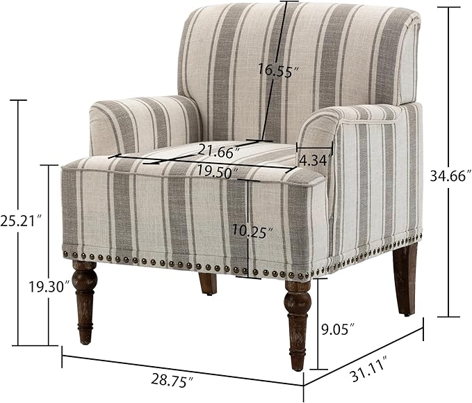 UIXE Stripe Accent Chairs Set of 2, Living Room Arm Chair Modern Nailhead Trim Club Armchair, Comfy Upholstered Sofa Lounge Seat Reading Seat Bedroom Side Seating for Home Office, Gray