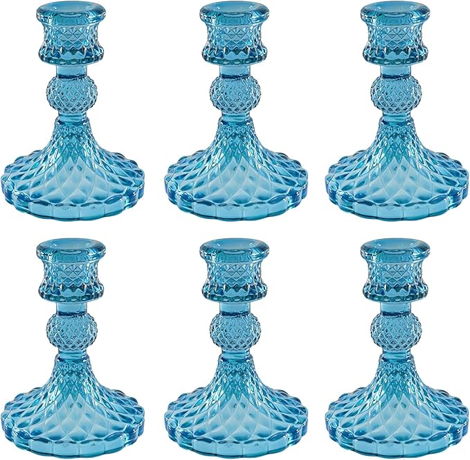 Glass Candlestick Holder,Striped Taper Candle Holders,Set of 6 Candle Stand for Table Centerpieces, Home Decor,Weddings,Festival and Parties (Bule Dimond)