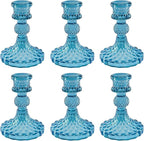 Glass Candlestick Holder,Striped Taper Candle Holders,Set of 6 Candle Stand for Table Centerpieces, Home Decor,Weddings,Festival and Parties (Bule Dimond)