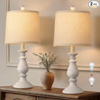 QiMH Farmhouse Table Lamp Set of 2, Rustic Table Lamps for Living Room, Vintage Nightstand Lamp with Rotary Switch, Beside Lamps for Bedroom, Traditional Table Lamps with Linen Shade, Antique White