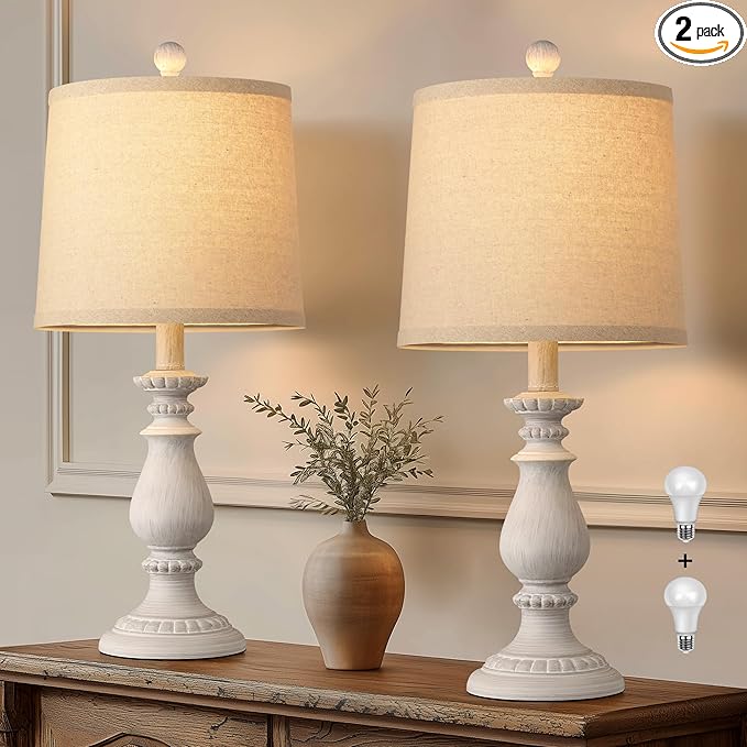 QiMH Farmhouse Table Lamp Set of 2, Rustic Table Lamps for Living Room, Vintage Nightstand Lamp with Rotary Switch, Beside Lamps for Bedroom, Traditional Table Lamps with Linen Shade, Antique White