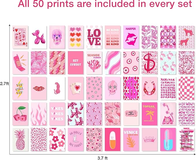Y2K BOO Preppy Pink Wall Collage Kit - 50 Trendy Aesthetic Photos for Stylish Spaces, Perfect Room Decor, Teens' Photo Collage Kit 4x6, Dorm Wall Art