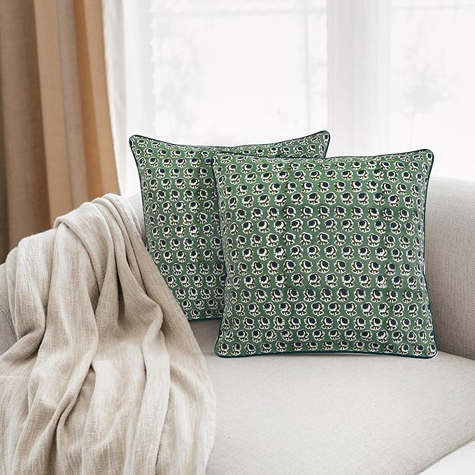 Ridhi Basil Green Block Print Cotton Canvas Throw Pillow Covers for Decorative Couch Pillows for Living Room, Chic Boho Cute Outdoor Valentine Pillows Covers Gifts 20x20 Inches