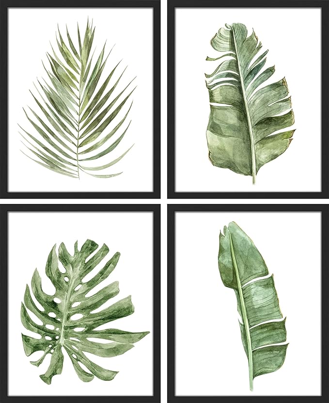 SIGNWIN Framed Banana Palm Monstera Leaf Wall Art, Set of 4 Green Pastel Wall Decor Prints, Nature Wilderness Wall Décor for Living Room, Bedroom - 11"x14" Black