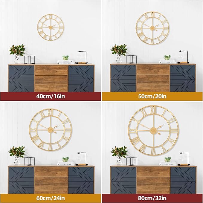 1st owned Large Wall Clock Metal Retro Roman Numeral Clock, Modern Round Wall Clocks Almost Silent, Easy to Read for Living Room/Home/Kitchen/Bedroom/Office/School Decor (Gold, 32 Inch)