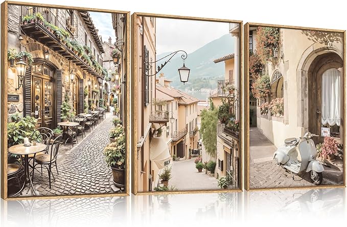 HPINUB Foreign Scenery Framed Canvas Wall Art Set,Vintage Travel City Wall Decor,Modern Minimalist Europe Street Picture Artwork Nature Landscape Art Print for Living Room,Bedroom-16 x24 x3