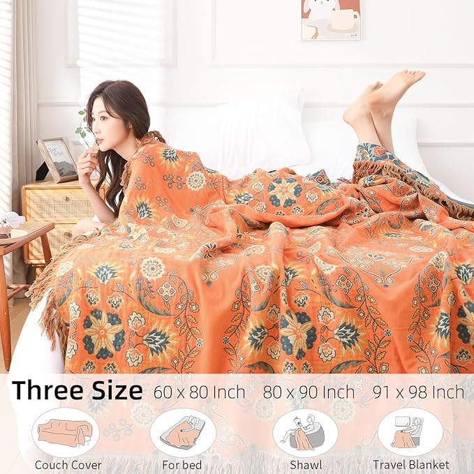 Boho Throw Blanket for Bed - 100% Pure Cotton Ultra Soft Rustic Quilt - Farmhouse Decor Bed Blankets, All Season Rustic Throw for Sofa Couch Chair(80''x 90'', Boho)