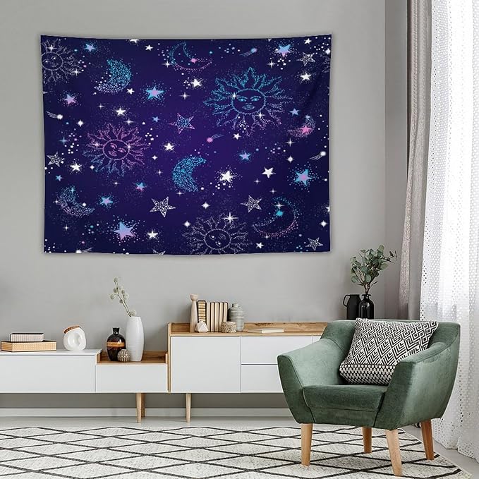 HZOHNAGO Boho Sun Moon Tapestry Purple Blue Sun Stars Galaxy Pattern Printed Wall Tapestry Wall Hanging for Bedroom Living Room Dorm 80" W x 60" H