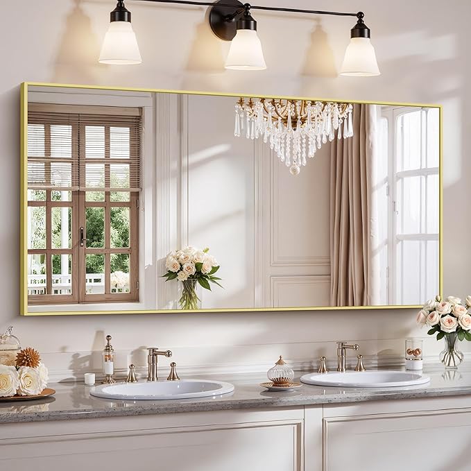 YIROMAN Bathroom Mirror 60"x30", Large Brushed Gold Bathroom Mirror for Over Sink with Aluminum Frame, Rectangular Vanity Mirror with Right Angle, Wall Mirror Hangs Horizontal or Vertical