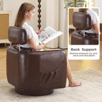 Modern 360° Leather Swivel Accent Chair with Adjustable Headrest, Chenille Accent Chair for Living Room, Vanity Chair for Makeup, Swivel Barrel Chair with Lumbar Pillow, Comfy Barrel Armchair, Brown