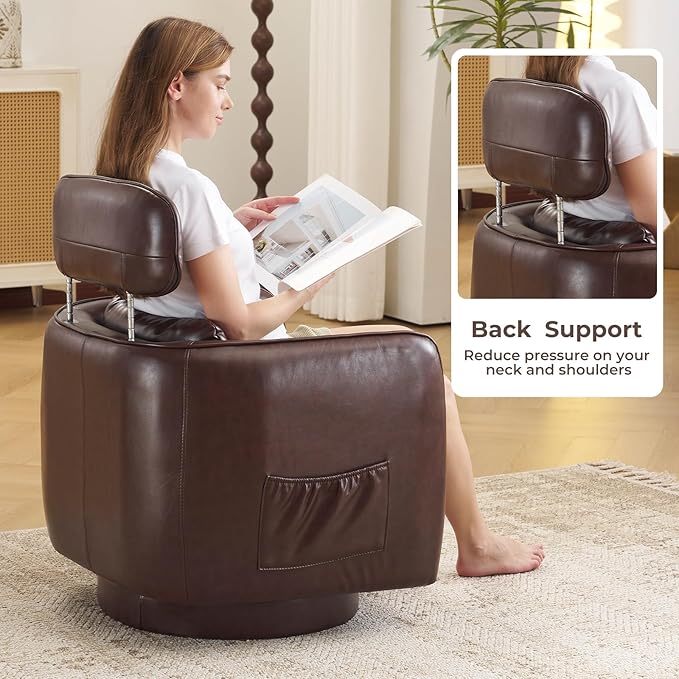 Modern 360° Leather Swivel Accent Chair with Adjustable Headrest, Chenille Accent Chair for Living Room, Vanity Chair for Makeup, Swivel Barrel Chair with Lumbar Pillow, Comfy Barrel Armchair, Brown