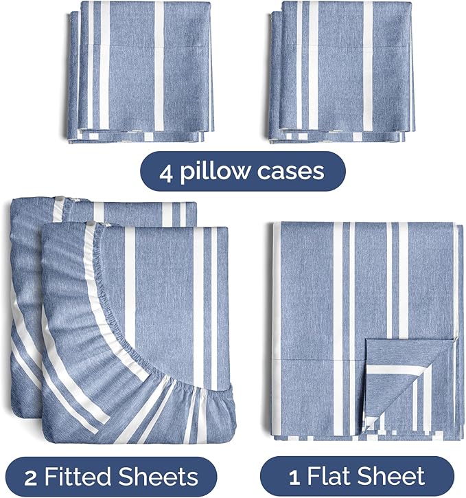Split King Sheets Set 7 Piece - Includes 4 Pillowcases - Bed Sheets Split King - Soft Hotel Luxury Bedding - Cooling and Breathable - 1 Flat & 2 Fitted & 4 Pillowcases w/ Deep Pockets - Blue Stripes