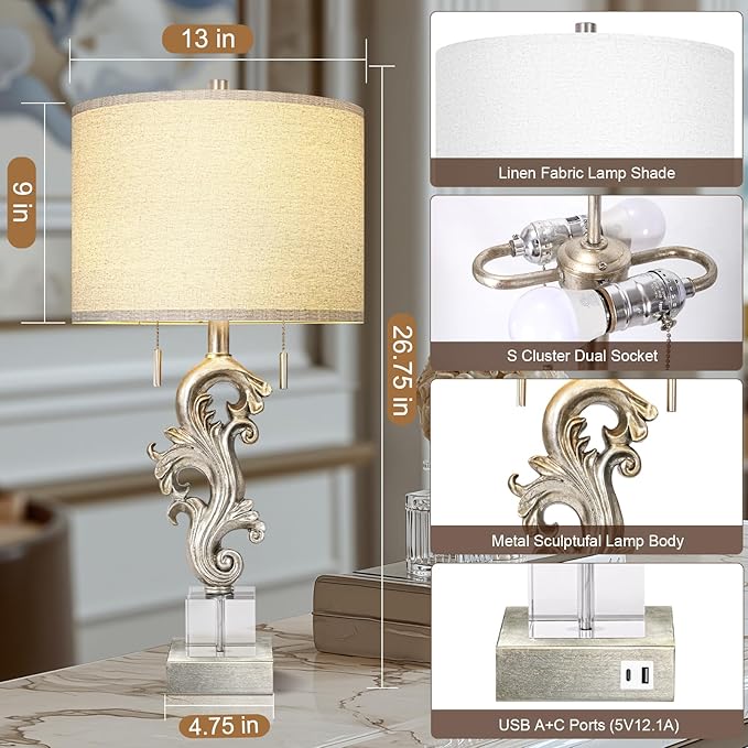 Scenekoy Vintage Table Lamp Set of 2 for Bedroom Living Room, 26.75” Silver Leaf Sculptural Night Stand Bedside Lamps with USB Ports, Rustic Nightstand Lamp Line Shade for Home Decor (Bulbs Included)