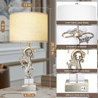 Scenekoy Vintage Table Lamp Set of 2 for Bedroom Living Room, 26.75” Silver Leaf Sculptural Night Stand Bedside Lamps with USB Ports, Rustic Nightstand Lamp Line Shade for Home Decor (Bulbs Included)