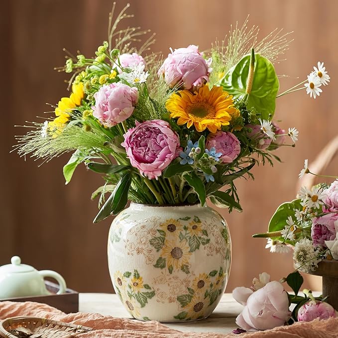 Levvohd Round Pastoral Ceramic Vase, 6.3 Inch Vintage Sunflower Yellow Floral Retro Ice Cracked Rustic Antique Flower Vases for Living Room Home Decor (Large Round)