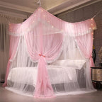 VETHIN 4 Corners Post Ruffle Princess Bed Canopy Curtain-Double Layer Cozy Drape Netting 4 Opening Mosquito Net for Girls Adults Bedroom Decoration (Pink/Whtie,78" W*86" L*82"*H/King)