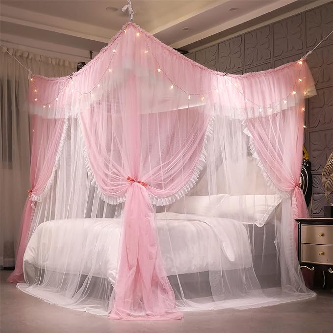 VETHIN 4 Corners Post Ruffle Princess Bed Canopy Curtain-Double Layer Cozy Drape Netting 4 Opening Mosquito Net for Girls Adults Bedroom Decoration (Pink/Whtie, 53" W*78" L*82"*H/(Full))