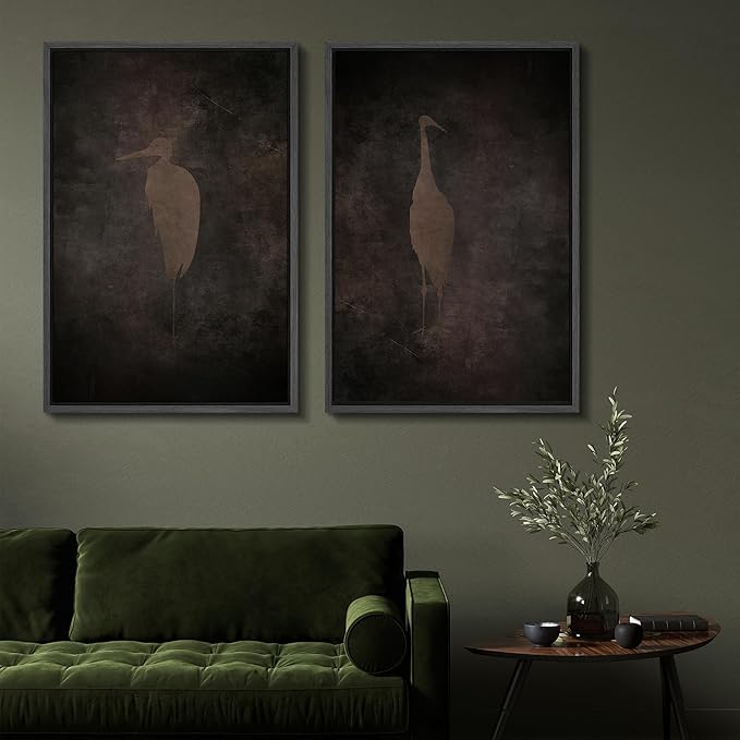 SIGNFORD Framed Canvas Print Wall Art Set Abstract Crane Silhouettes Vintage Dark Tones Illustration Modern Art Decorative Nordic Nature for Living Room, Bedroom, Office - 24"x36"x2 Black