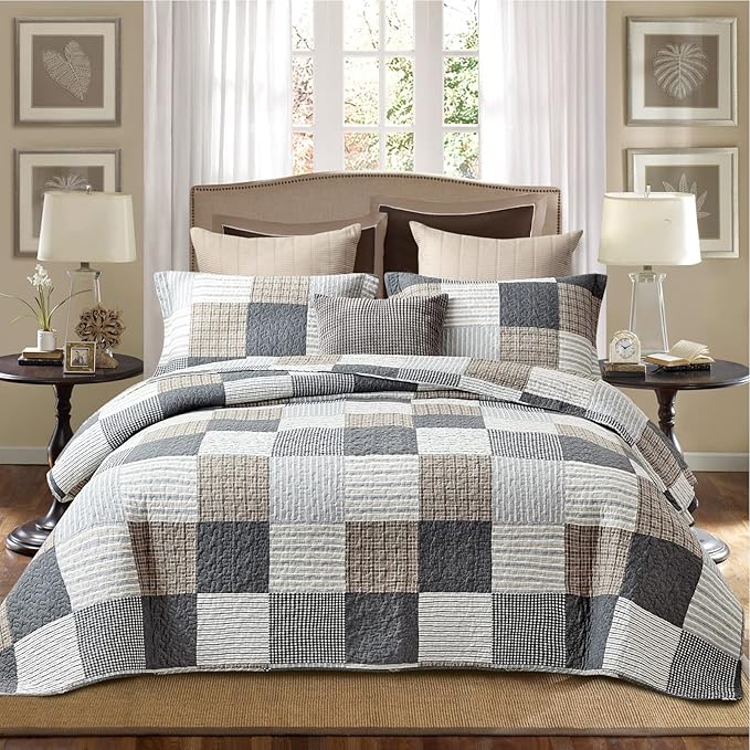 PANGUSHAN 100% Cotton Quilt Set Queen Size,Patchwork Plaid Bedding Set Bedspreads,Farmhouse Lightweight Comforter,Grey/Gray/Black/Tan/White/Cream Reversible Quilt for Queen Bed,3 Pieces
