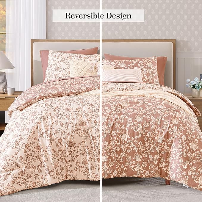 Queen Comforter Set -7 Pieces Clay Pink Floral Comforter Set for All Seasons, Bed in a Bag Queen with Botanical Flowers Comforter, Sheets, Pillowcases & Shams