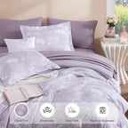 Queen Comforter Set -7 Pieces Floral Purple Comforter Set for All Seasons, Bed in a Bag Queen with Botanical Flowers Comforter, Sheets, Pillowcases & Shams