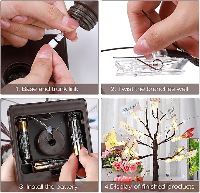 Mudder Money Holder Tree Present Card Holder with 12 Clear Clips LED Birch Twig Lights Tabletop Display Tree for Christmas, Valentines, Memo, Photo, Wedding(Classic Style,Brown, Warm White)