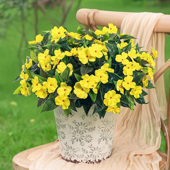 Artificial Impatiens Bouquet Flowers for Outdoors Silk Faux Flowers for Outdoor Impatiens Plants Decor Indoor Planters Kitchen Planters and Balcony Decorations 4PCS (Yellow)