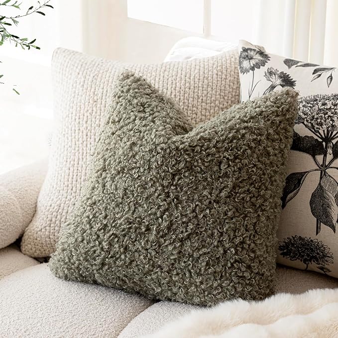 Foindtower 2 Pieces 16x16 Inch Sage Green, Faux Fur Throw Pillow Cover Accent Sherpa Pillow Fuzzy Soft Pillowcases Sheepskin Decorative Fleece Cushion Case for Bed Couch Living Room