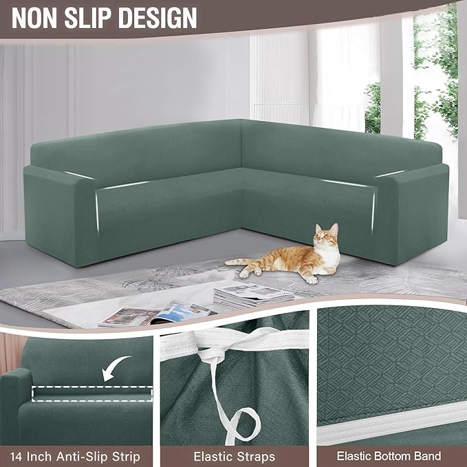 HDCAXKJ Sectional Couch Cover L Shape Stretch Sofa Covers Washable Jacquard Corner Couch Slipcover Non Slip Sectional Slip Cover U Shaped Furniture Protector for Pets Dogs (Grayish Blue, Large)