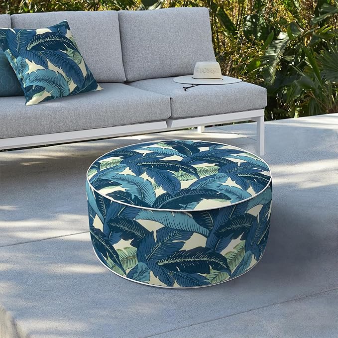 LVTXIII Indoor/Outdoor Inflatable Ottoman, D31 x H14 Inch Large Round Ottoman, All Weather Foot Rest Stool, Portable Footrest for Patio, Garden, Camping and Home - Swaying Palms Blue