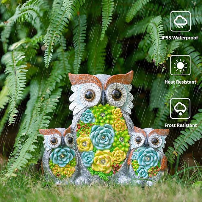 Solar Garden Statue Lights Owl Figurine with LED Lights, Outdoor Garden Succulent Ornaments, Mothers Day Mom Gifts for Outside Patio Yard Lawn Decor