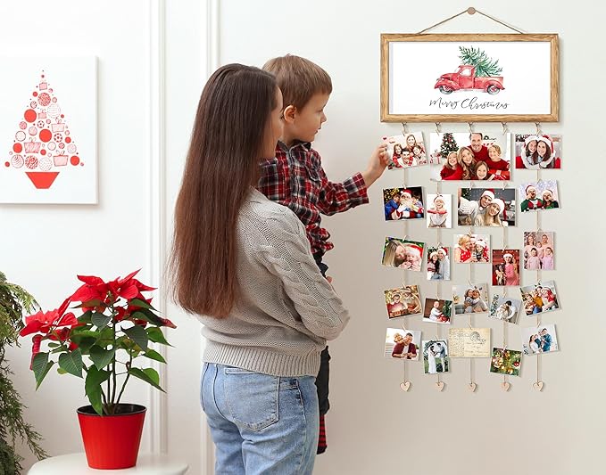 Wooden Family Christmas Card Display - Wall Hanging Sign & Photo Collage Holder for Living Room, Bedroom & Entryway