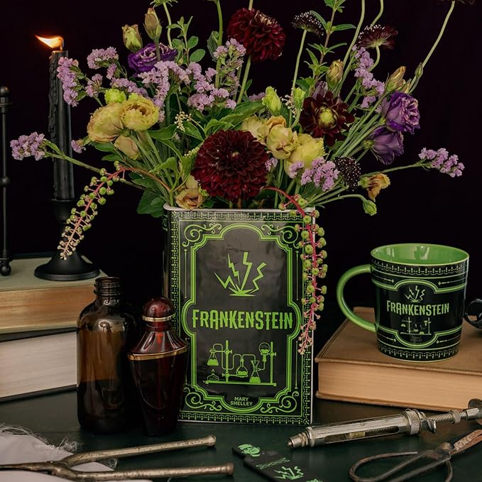 Steel Mill & Co Original Large Book-Shaped Decorative Vase, Ceramic Vases for Halloween Home Decor, Gothic Bookshelf Decor, Unique Vase for Book Lovers (Frankenstein)