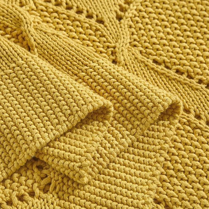 Longhui bedding Chunky Cotton Knit Throw Blanket for Couch, Sofa, Bed, or Chair, Decorative Breathable Fall Cable Knit Blanket 60 x 80 Inches, Large Mustard Yellow