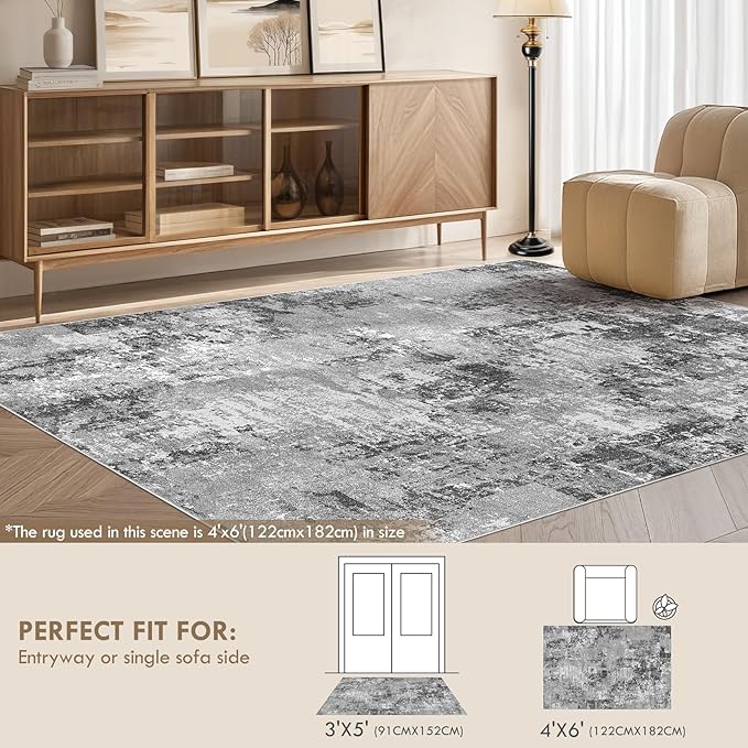 Tortania Washable 3x5 Area Rug - Modern Abstract Neutral Rugs Indoor Soft Thin Mat Non Slip Carpet for Entrance Front Door Living Room Bedroom Home Floor Decoration - Grey