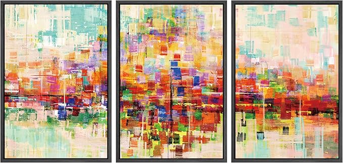 SIGNWIN Framed Canvas Wall Art Bright neon Color Buildings Block with Reflection Places Cityscape Oil Painting Abstract Modern Panoramic Colorful for Living Room, Bedroom, Office - 16"x24"x3 Black